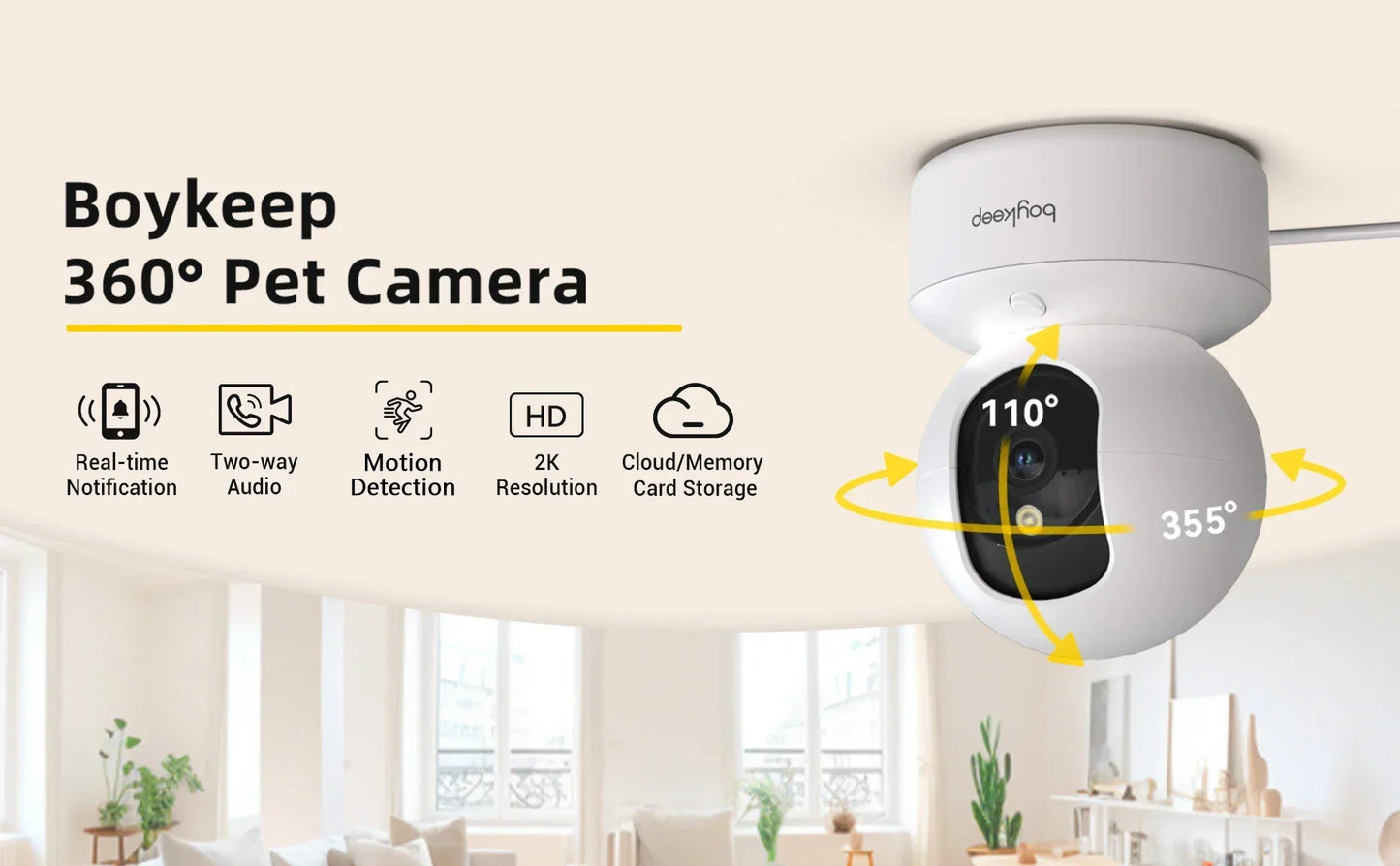 Boykeep 2K Pet Dog Camera with Phone App, 5G/2.4GHz WiFi Indoor Security Baby Camera, 360° Pan & Tilt, 2-Way Audio, Night Vision